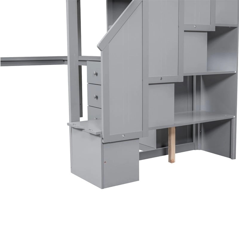 Multifunctional Wood Twin Size Loft Bed with L-Shaped Desk and Storage Staircase, Loft Bed Frame with Cabinet and Drawers