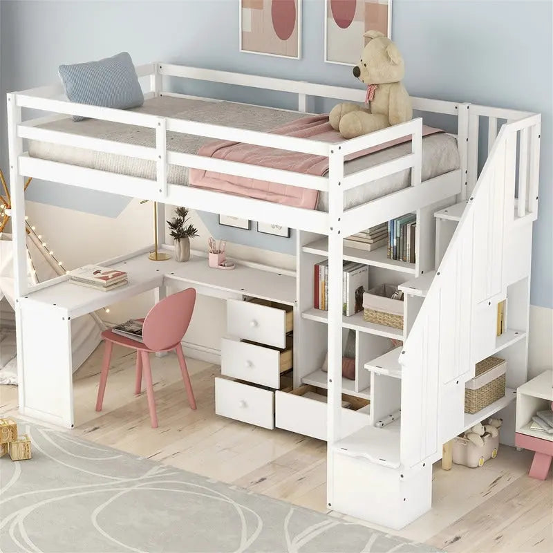 Multifunctional Wood Twin Size Loft Bed with L-Shaped Desk and Storage Staircase, Loft Bed Frame with Cabinet and Drawers