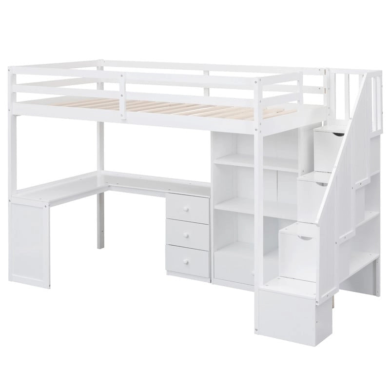 Multifunctional Wood Twin Size Loft Bed with L-Shaped Desk and Storage Staircase, Loft Bed Frame with Cabinet and Drawers