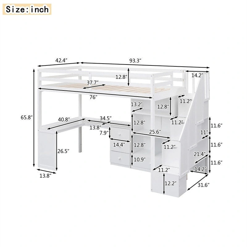 Multifunctional Wood Twin Size Loft Bed with L-Shaped Desk and Storage Staircase, Loft Bed Frame with Cabinet and Drawers