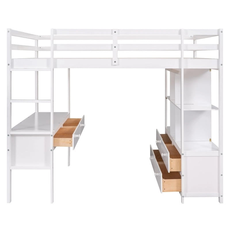 Full Size Wooden Loft Bed with Built-in Desk with Two Drawers, and Storage Shelves and Drawers For Kids