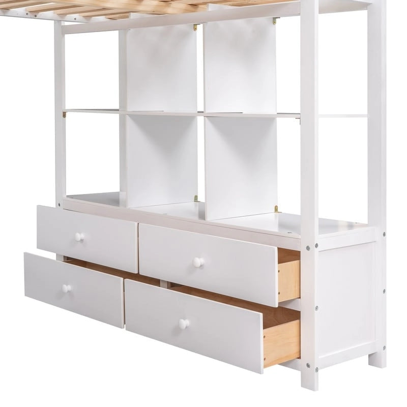 Full Size Wooden Loft Bed with Built-in Desk with Two Drawers, and Storage Shelves and Drawers For Kids