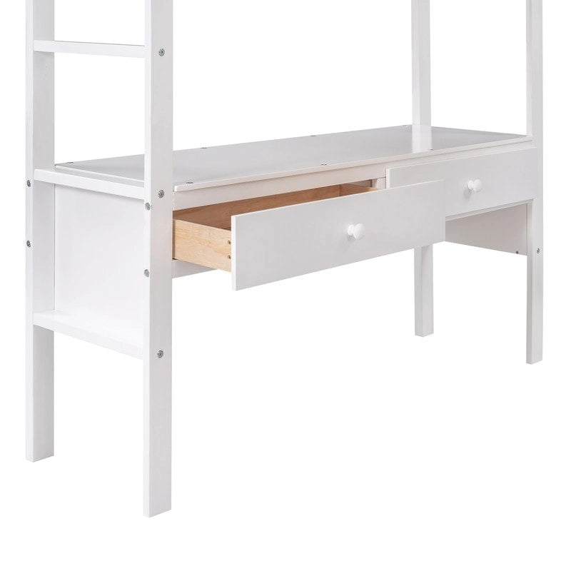 Full Size Wooden Loft Bed with Built-in Desk with Two Drawers, and Storage Shelves and Drawers For Kids
