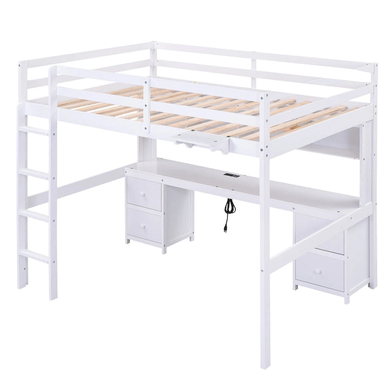 Full Size Loft Bed with Desk,Drawers and Bedside Tray,Charging Station