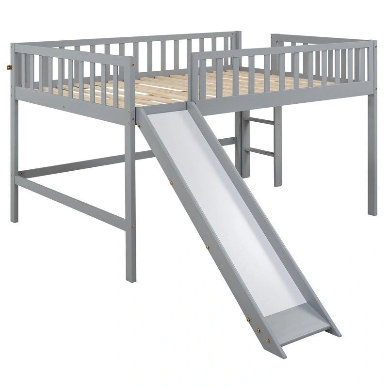 Full Size Low Loft Bed with Ladder and Slide
