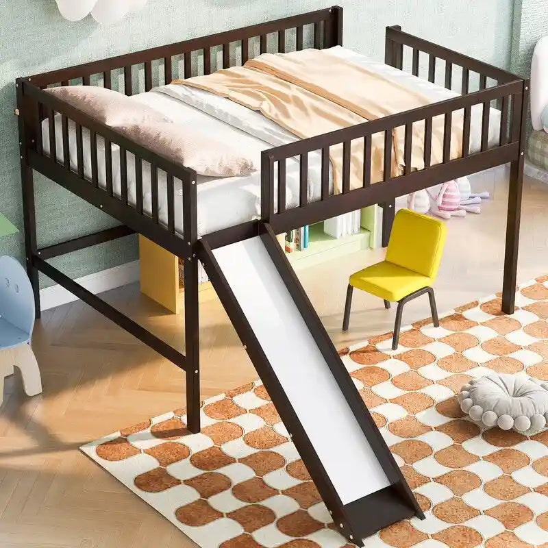 Full Size Low Loft Bed with Ladder and Slide