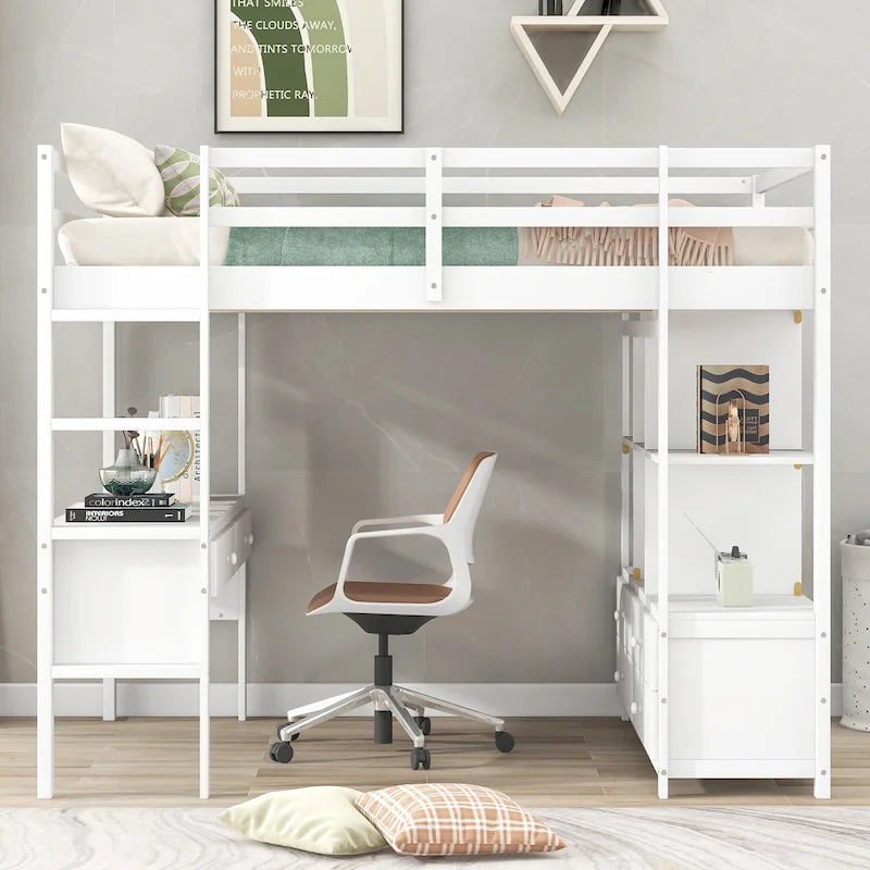 Wooden Loft Bed with Built-in Desk and Two Drawers