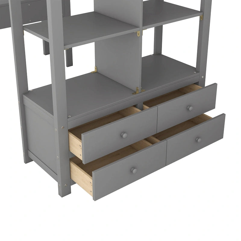 Wooden Loft Bed with Built-in Desk and Two Drawers