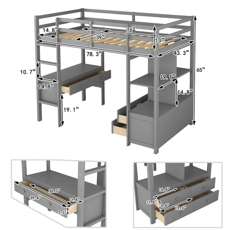 Wooden Loft Bed with Built-in Desk and Two Drawers