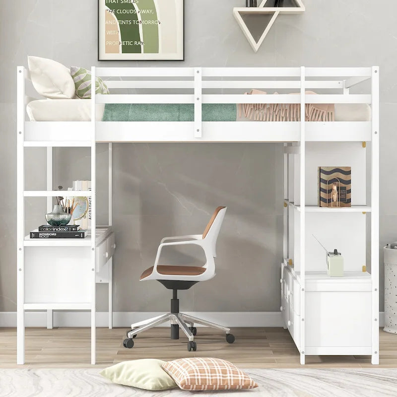 Wooden Loft Bed with Built-in Desk and Two Drawers