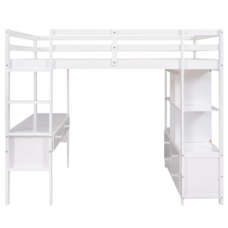 Wooden Loft Bed with Built-in Desk and Two Drawers