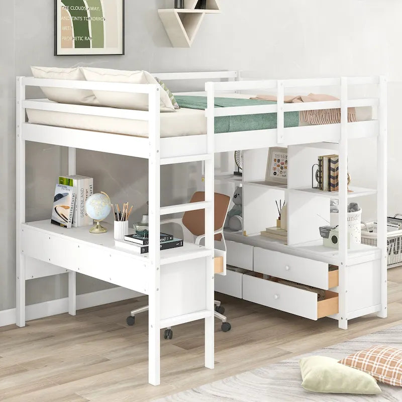 Wooden Loft Bed with Built-in Desk and Two Drawers