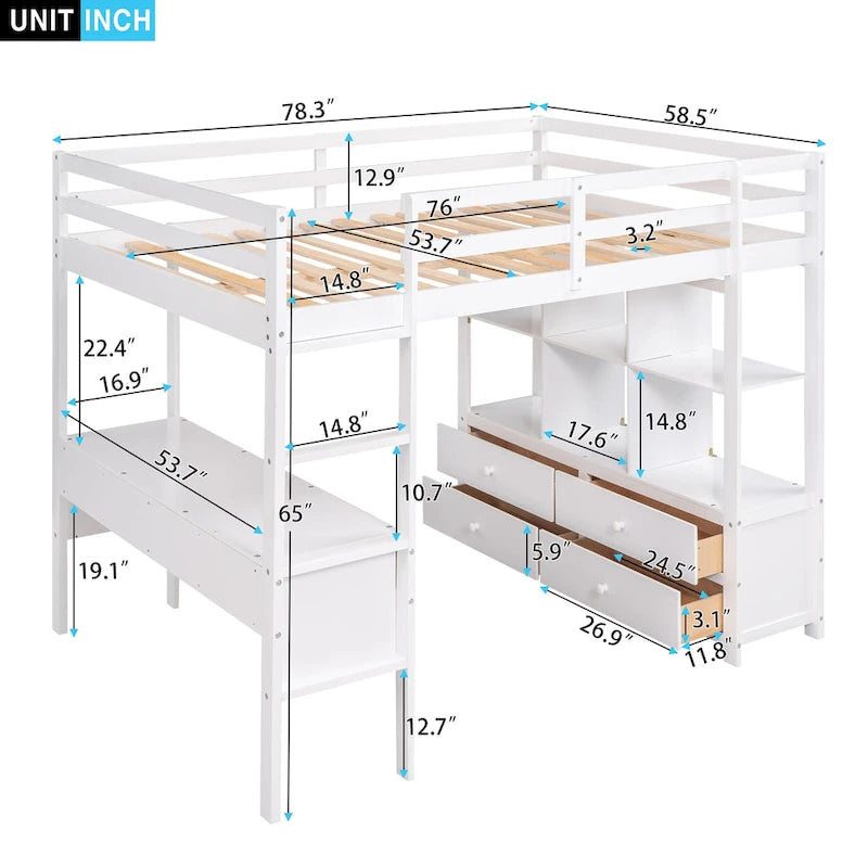 Wooden Loft Bed with Built-in Desk and Two Drawers