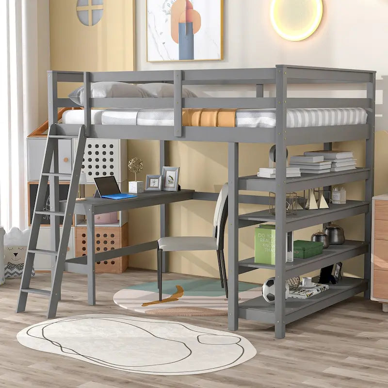 Loft Bed Full with Storage Desk Ladder and Shelves White