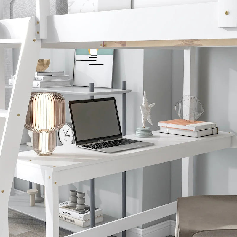 Loft Bed Full with Storage Desk Ladder and Shelves White