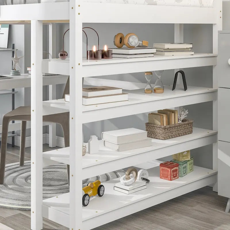 Loft Bed Full with Storage Desk Ladder and Shelves White