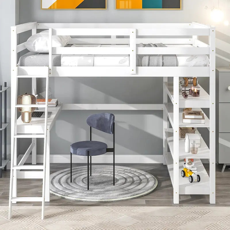 Loft Bed Full with Storage Desk Ladder and Shelves White