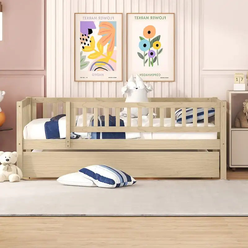 Twin Size Wood Daybed with Trundle and Fence Guardrails