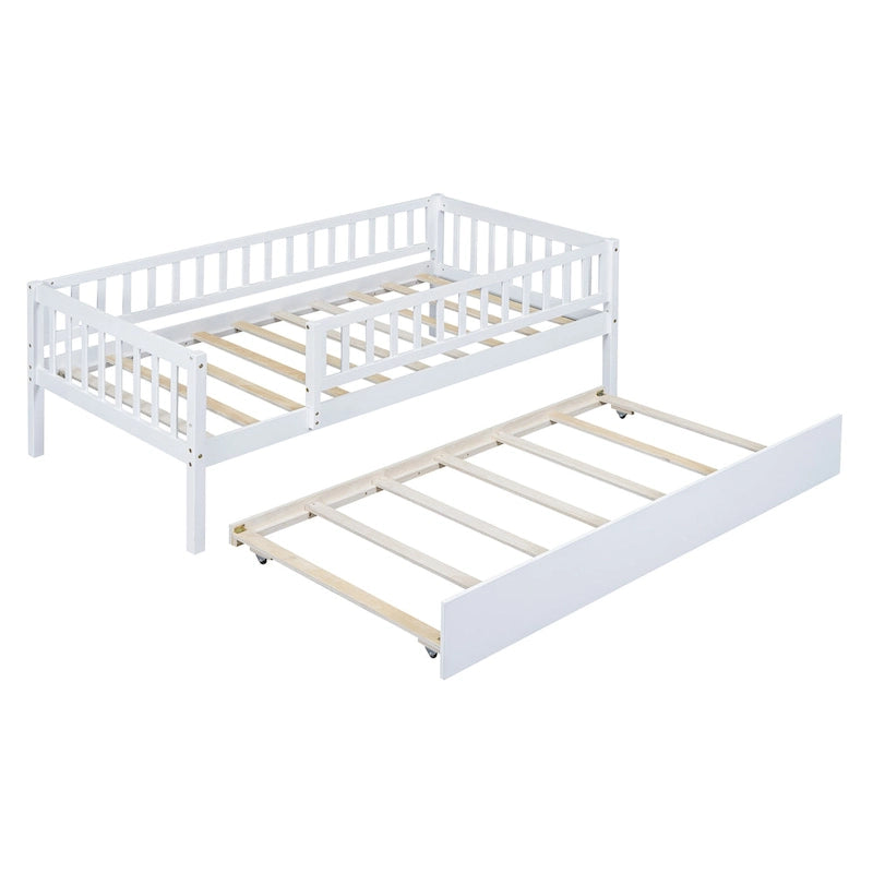 Twin Size Wood Daybed with Trundle and Fence Guardrails
