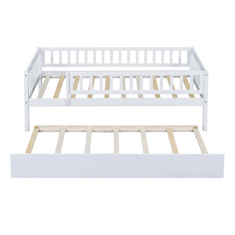 Twin Size Wood Daybed with Trundle and Fence Guardrails