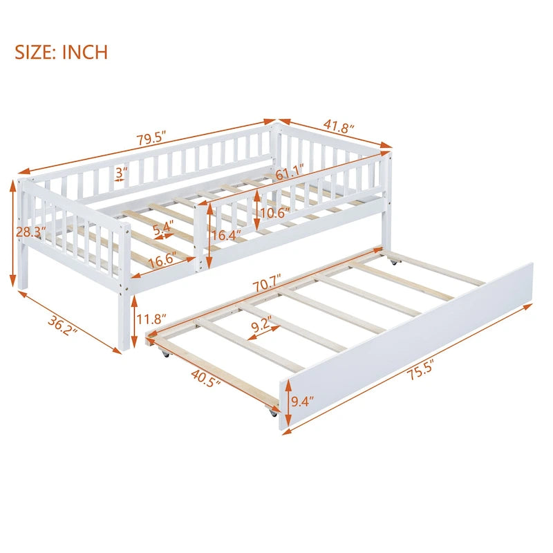 Twin Size Wood Daybed with Trundle and Fence Guardrails