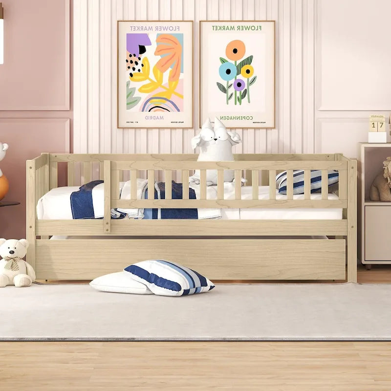 Twin Size Wood Daybed with Trundle and Fence Guardrails