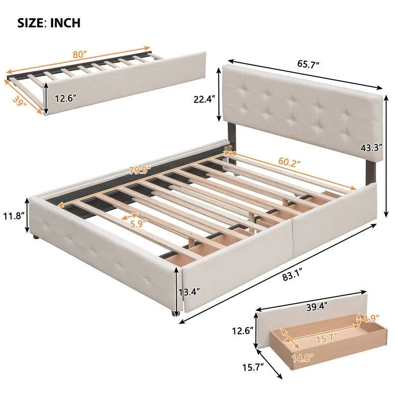 Queen Size Bed with 2 Storage Drawers and a Twin XL Trundle, Upholstered Platform Queen Bed Frame with Tufted Headboard