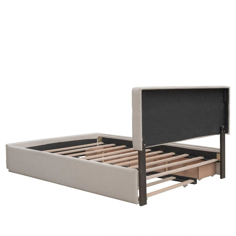 Queen Size Bed with 2 Storage Drawers and a Twin XL Trundle, Upholstered Platform Queen Bed Frame with Tufted Headboard