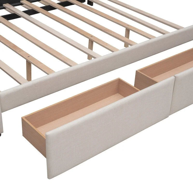 Queen Size Bed with 2 Storage Drawers and a Twin XL Trundle, Upholstered Platform Queen Bed Frame with Tufted Headboard