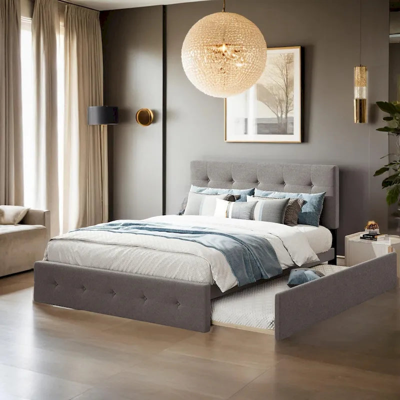 Queen Size Bed with 2 Storage Drawers and a Twin XL Trundle, Upholstered Platform Queen Bed Frame with Tufted Headboard