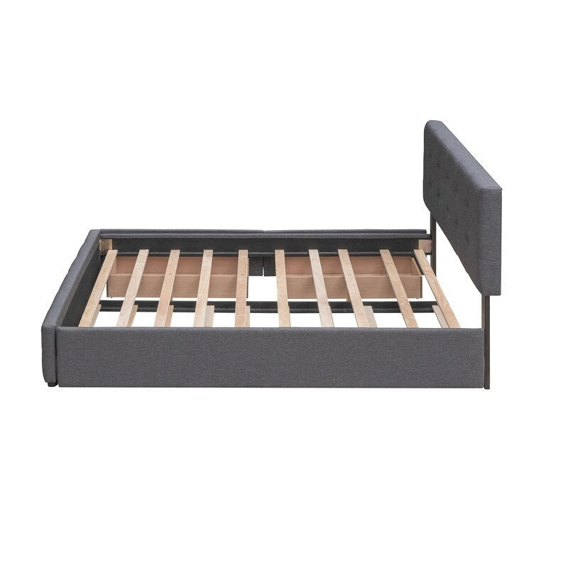 Queen Size Bed with 2 Storage Drawers and a Twin XL Trundle, Upholstered Platform Queen Bed Frame with Tufted Headboard