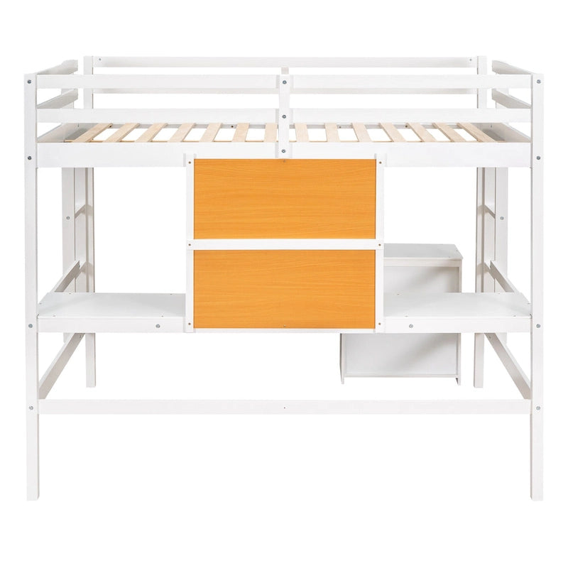 Full size Loft Bed with Desk and Writing Board, Wooden Loft Bed with Desk & 2 Drawers Cabinet- Espresso