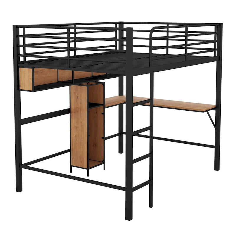 Full Size Metal & Wood Loft Bed with L -shaped desk and shelves, Black and Brown