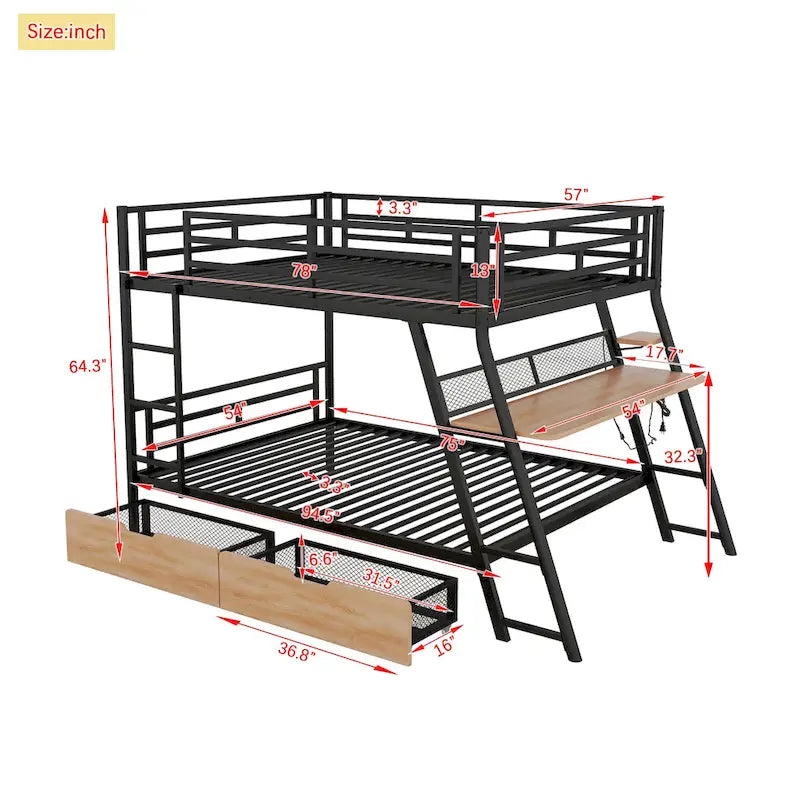 Full Size Metal & Wood Loft Bed with L -shaped desk and shelves, Black and Brown