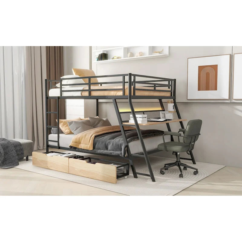 Full Size Metal & Wood Loft Bed with L -shaped desk and shelves, Black and Brown