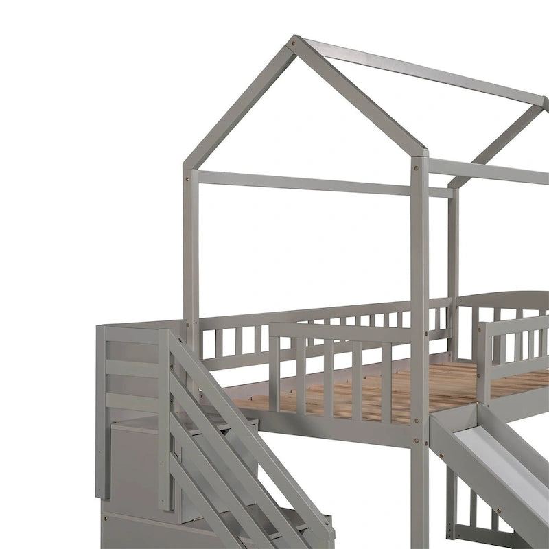 Twin House Loft Bed with Two Drawers and Slide