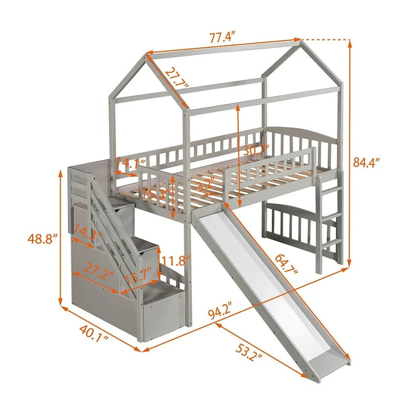 Twin House Loft Bed with Two Drawers and Slide