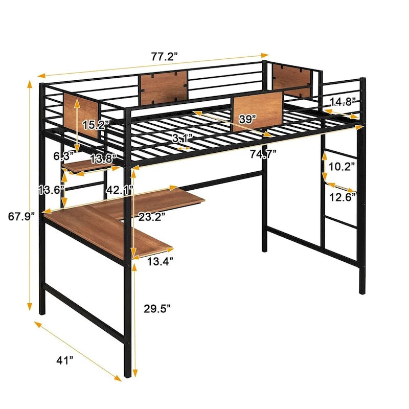Twin Metal Loft Bed with Desk and Shelf