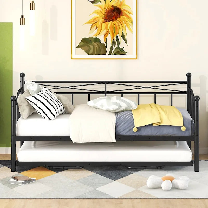 Twin Size Metal Daybed with Twin Size Adjustable Trundle, Portable Folding Trundle