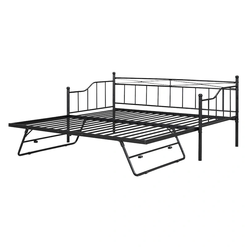Twin Size Metal Daybed with Twin Size Adjustable Trundle, Portable Folding Trundle