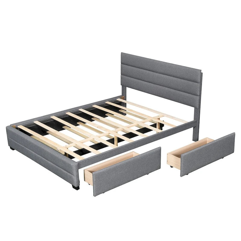 Beige Queen Upholstered Platform Bed, Trundle, Storage Drawers, Modern Design, Sturdy Frame