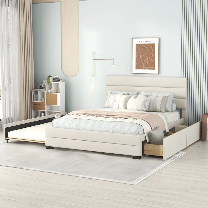 Beige Queen Upholstered Platform Bed, Trundle, Storage Drawers, Modern Design, Sturdy Frame