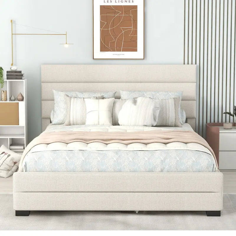 Beige Queen Upholstered Platform Bed, Trundle, Storage Drawers, Modern Design, Sturdy Frame