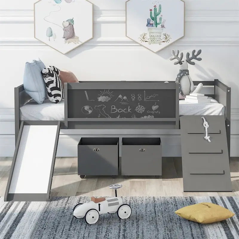 Twin Size Loft Bed Wood Bed with Two Storage Boxes