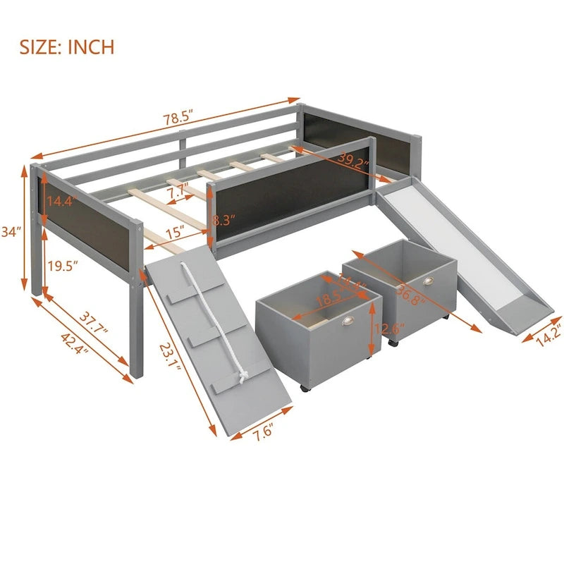 Twin Size Loft Bed Wood Bed with Two Storage Boxes