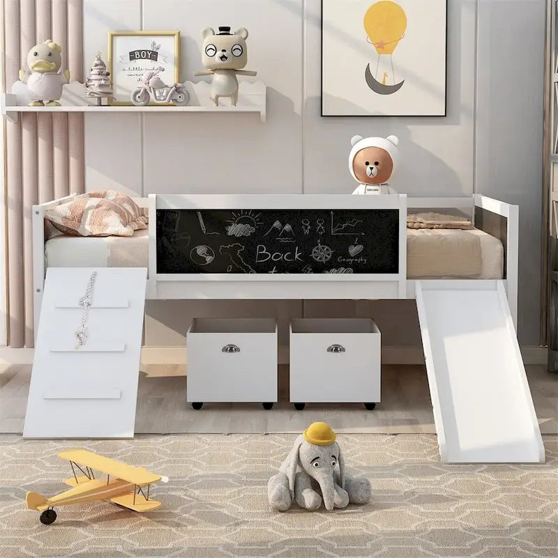 Twin Size Loft Bed Wood Bed with Two Storage Boxes