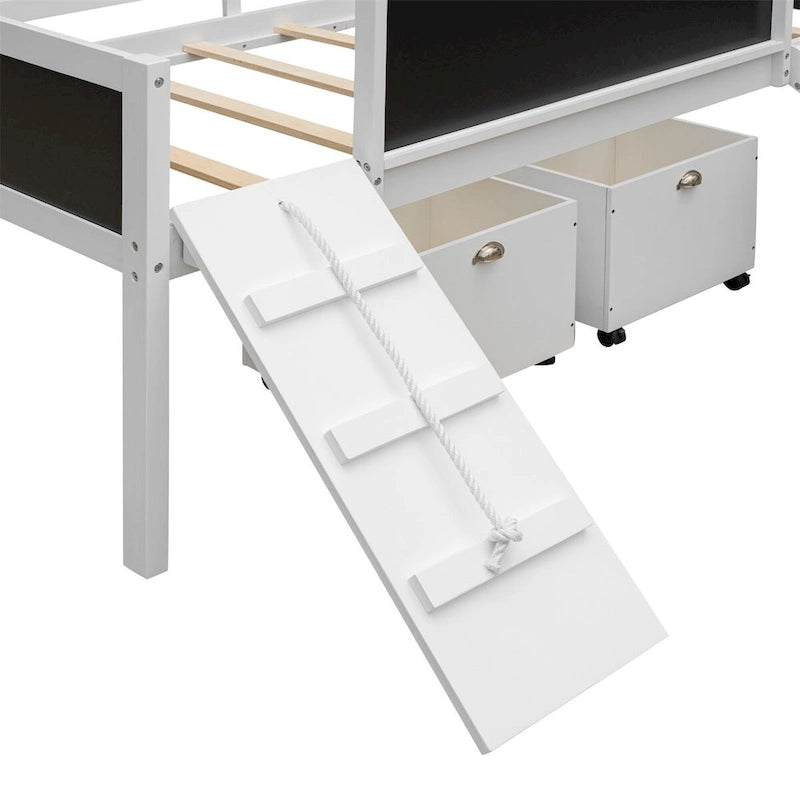 Twin Size Loft Bed Wood Bed with Two Storage Boxes
