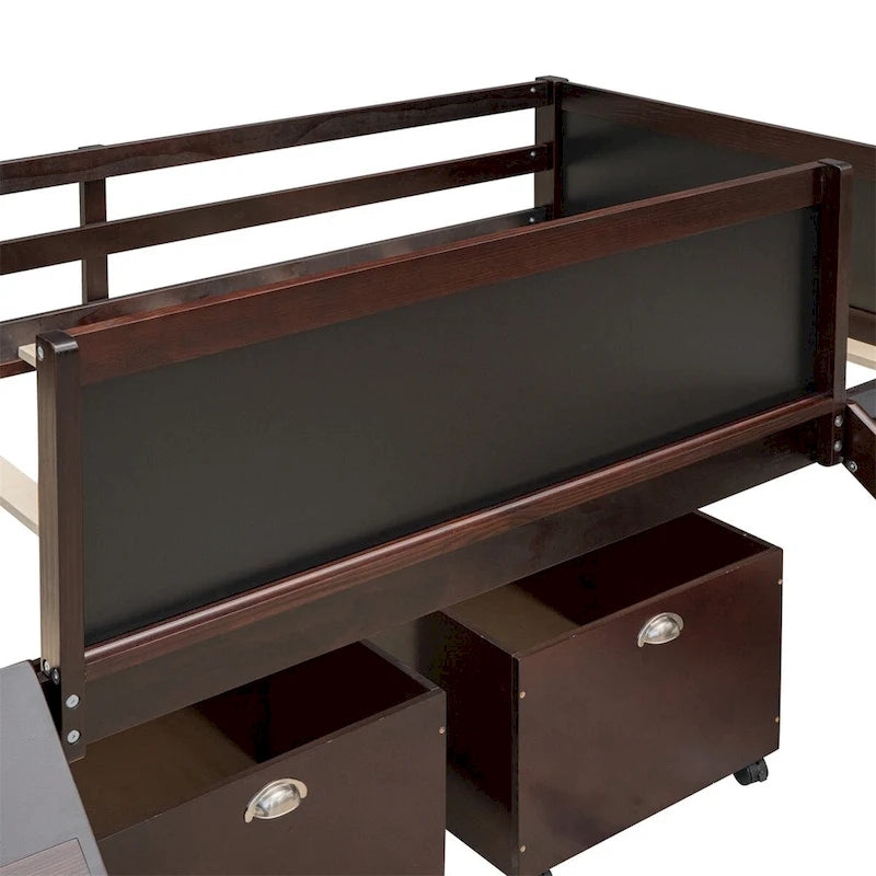 Twin Size Loft Bed Wood Bed with Two Storage Boxes