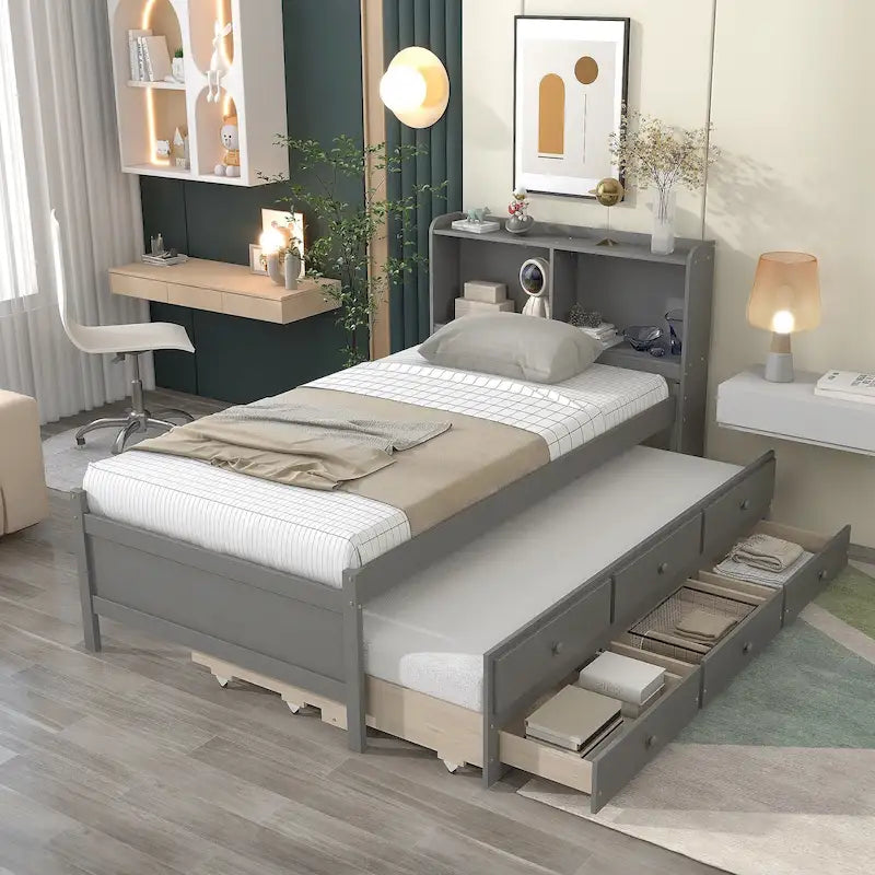 Twin Bed with Twin Trundle,Drawers