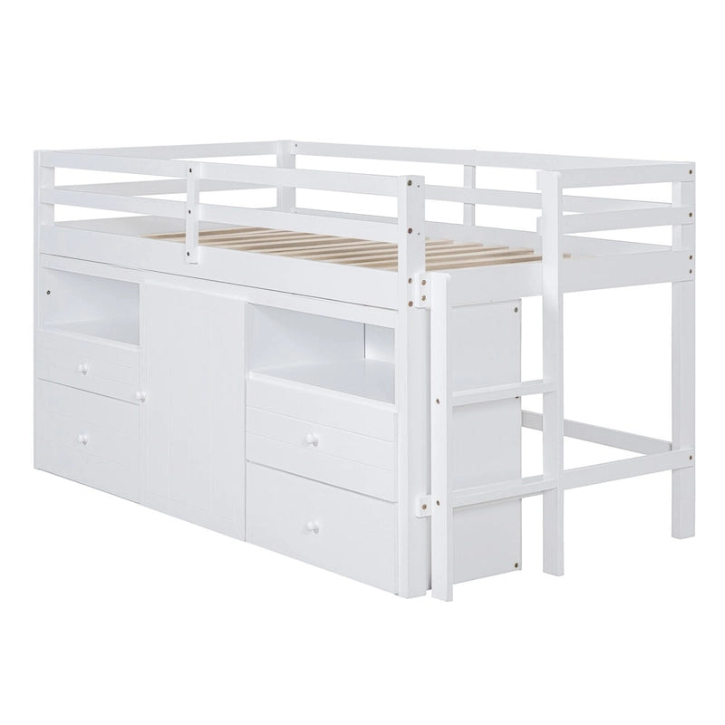 Twin Size Loft Bed with 4 Drawers, Underneath Cabinet and Shelves